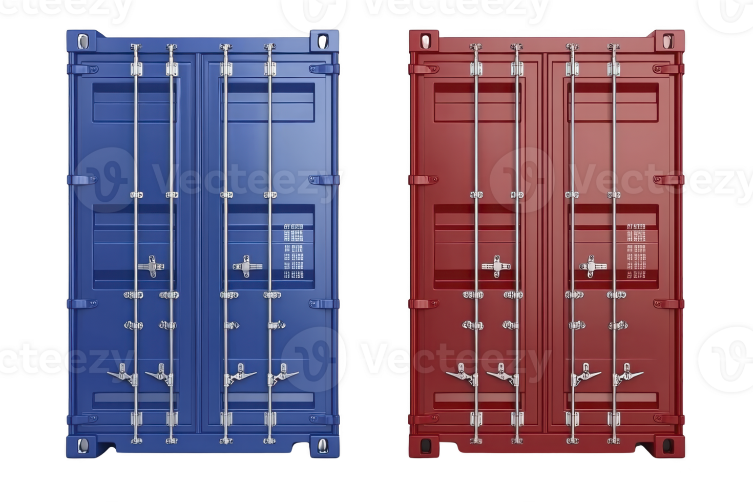 A Two shipping containers, one blue and one red, stand side by side, showcasing their sturdy metal construction and secure locking mechanisms. These containers are commonly used for transporting png