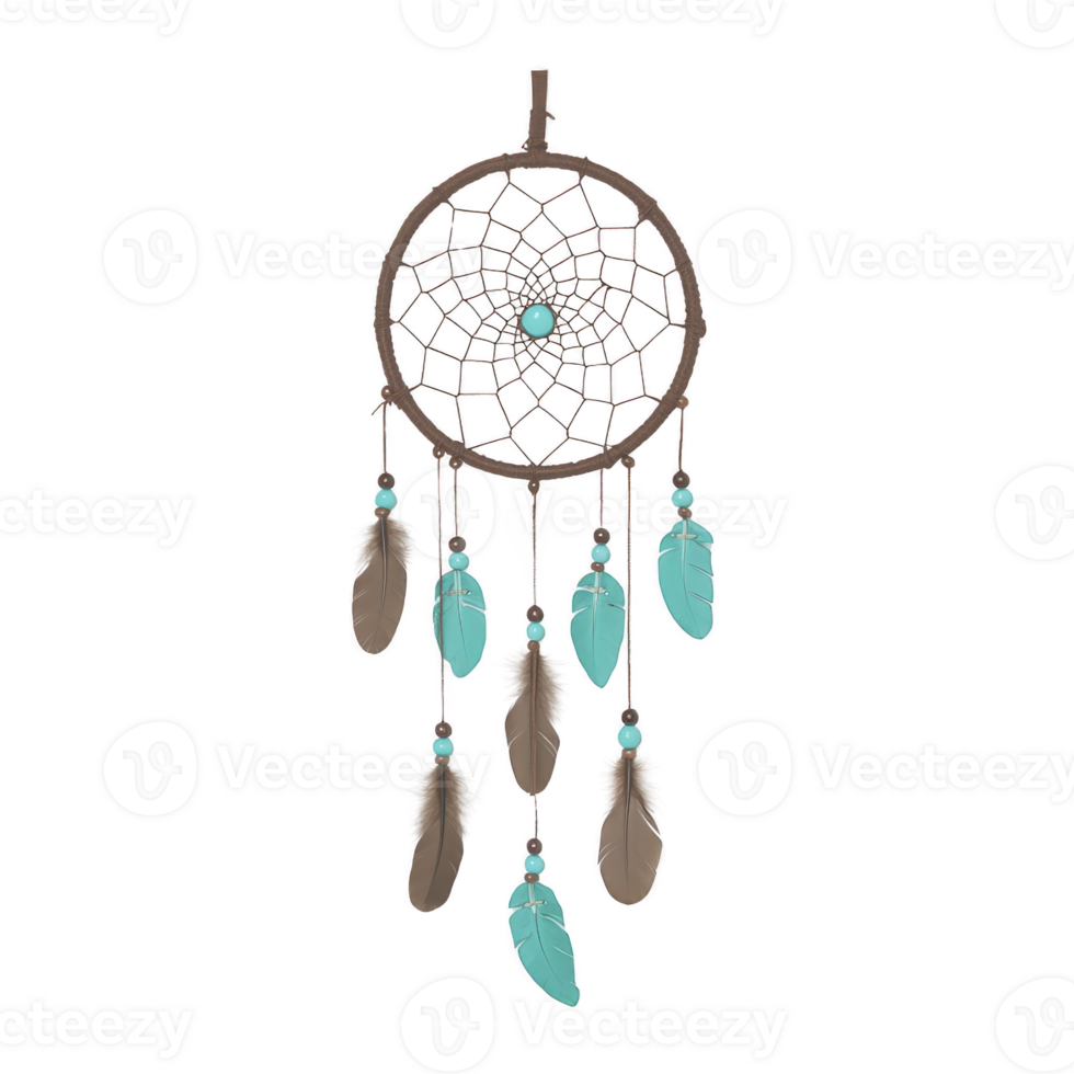 dreamcatcher with circular web design, adorned with turquoise beads and feathers, hangs gracefully. feathers are mix of turquoise and brown, adding touch of elegance and cultural significance png