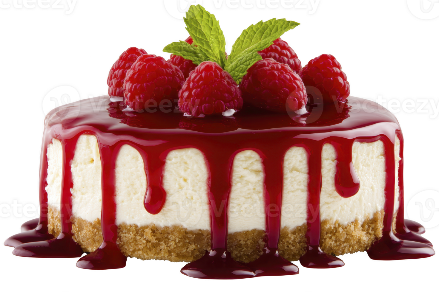 A delicious cheesecake topped with vibrant red raspberries and glossy raspberry sauce, garnished with fresh mint leaf, sits on crumbly biscuit base png