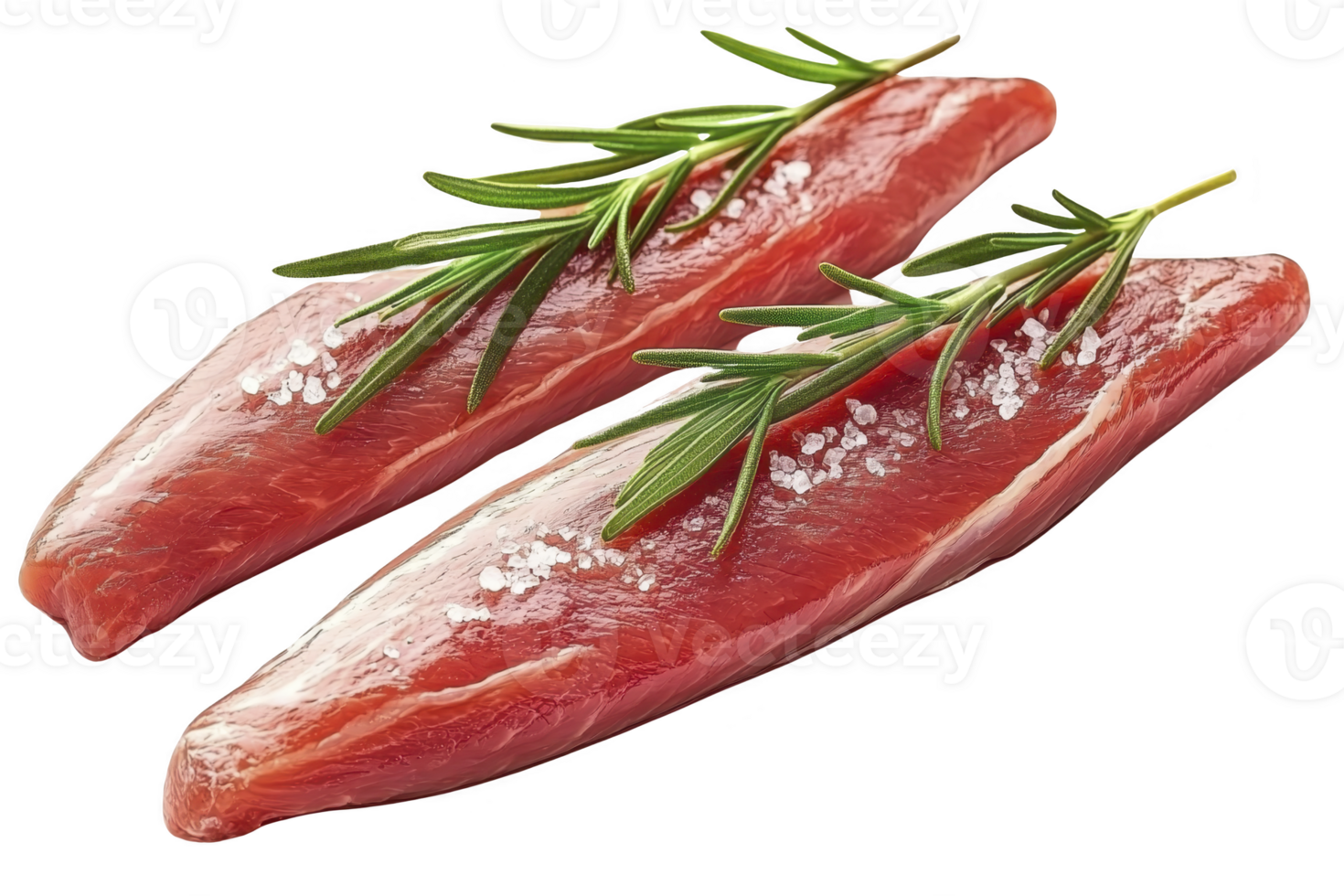 A Two raw beef steaks garnished with rosemary and sprinkled with salt, isolated on transparency background. fresh, marbled meat is ready for cooking, offering savory and aromatic experience png
