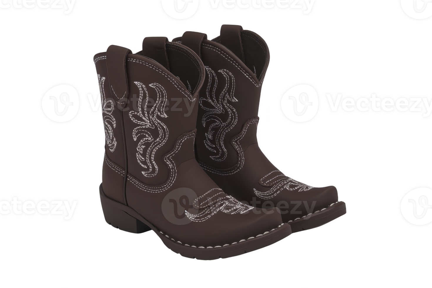 A pair of stylish brown cowboy boots with intricate white stitching, showcasing classic Western design. boots have low heel and rounded toe, perfect for both fashion and function png