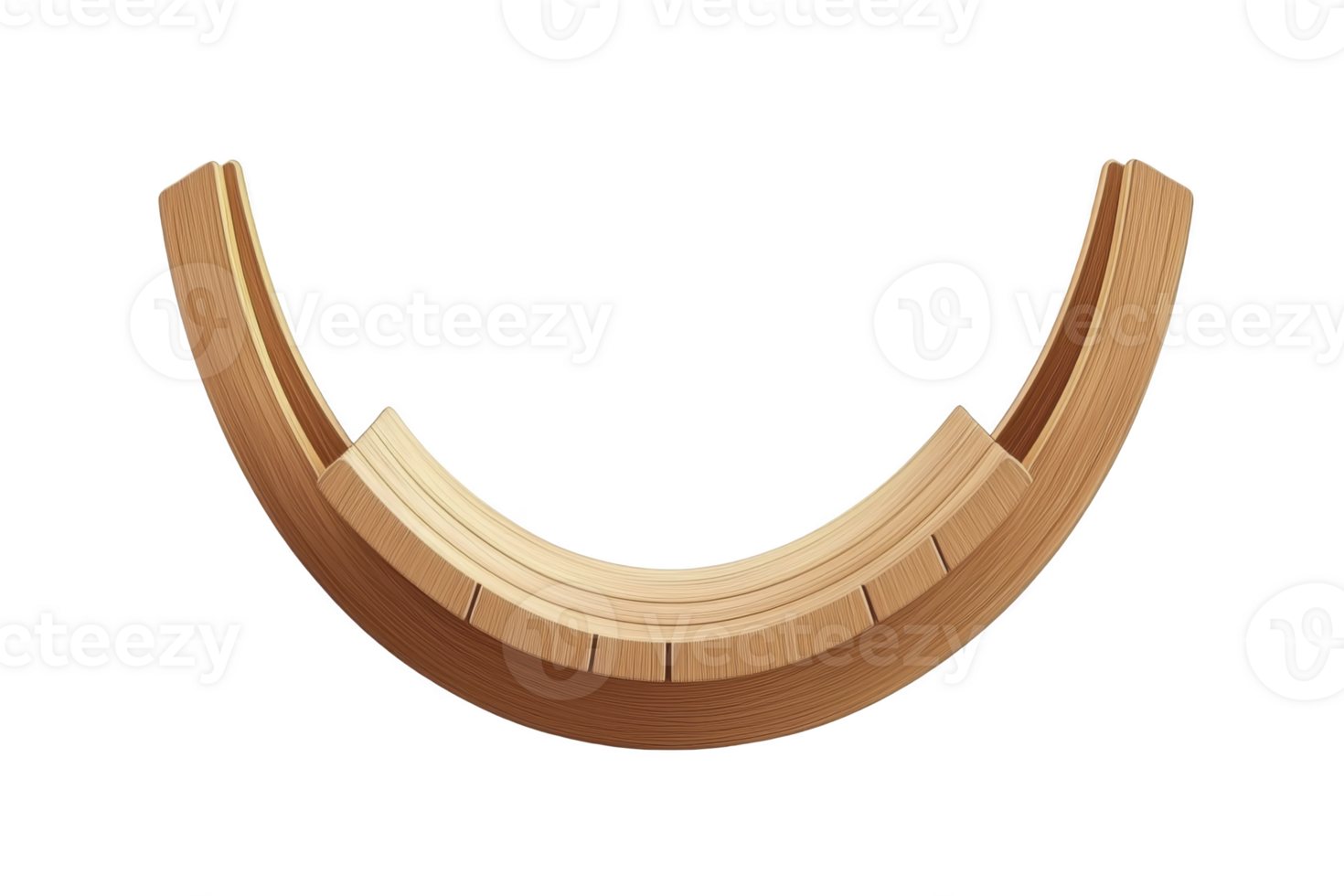 A This shows wooden, curved, modular structure with smooth finish, resembling segment of circular design. natural wood texture and warm tones create harmonious and inviting appearance png