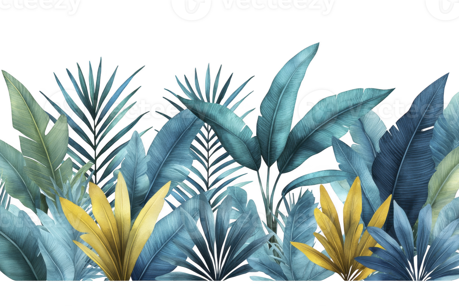 A Tropical leaves in vibrant blue and yellow hues create lively and exotic pattern, perfect for nature inspired designs. lush foliage evokes sense of tranquility and adventure png