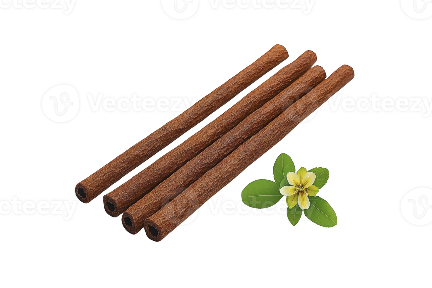 A Four brown cinnamon sticks are arranged neatly beside small cluster of green leaves and yellow flower, creating natural and aromatic display png