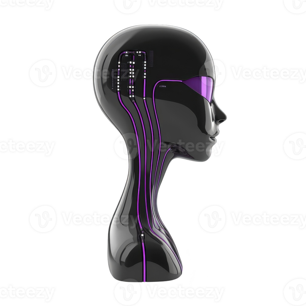 sleek, futuristic mannequin head with glossy black finish features purple circuit like patterns and visor, symbolizing advanced technology and artificial intelligence png