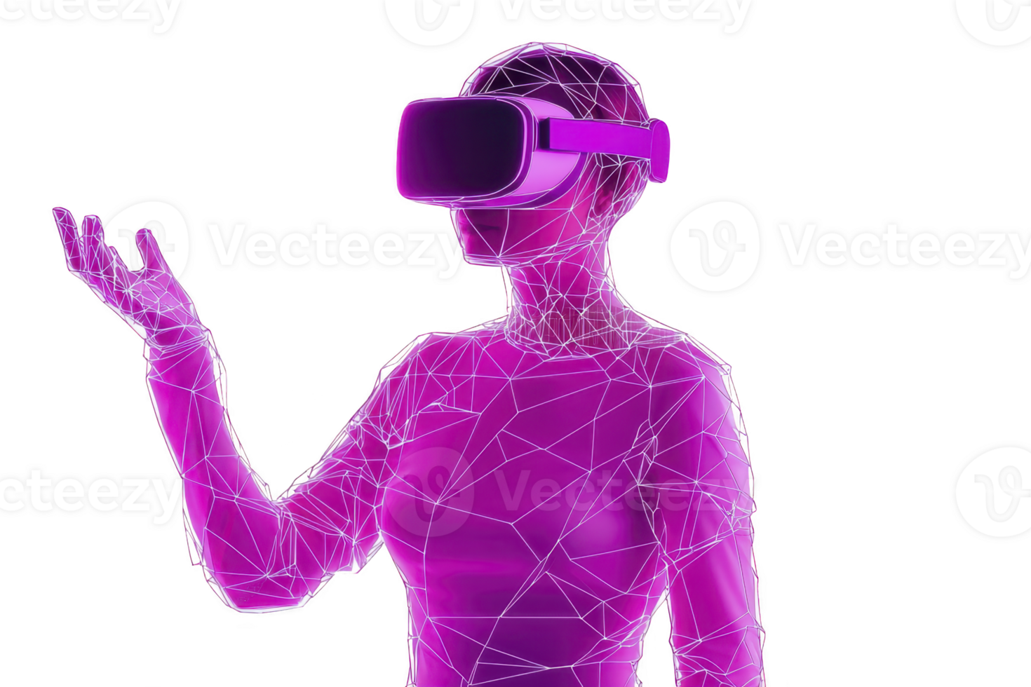 A digital illustration of person wearing virtual reality headset, depicted in vibrant purple wireframe style, conveying futuristic and immersive experience png