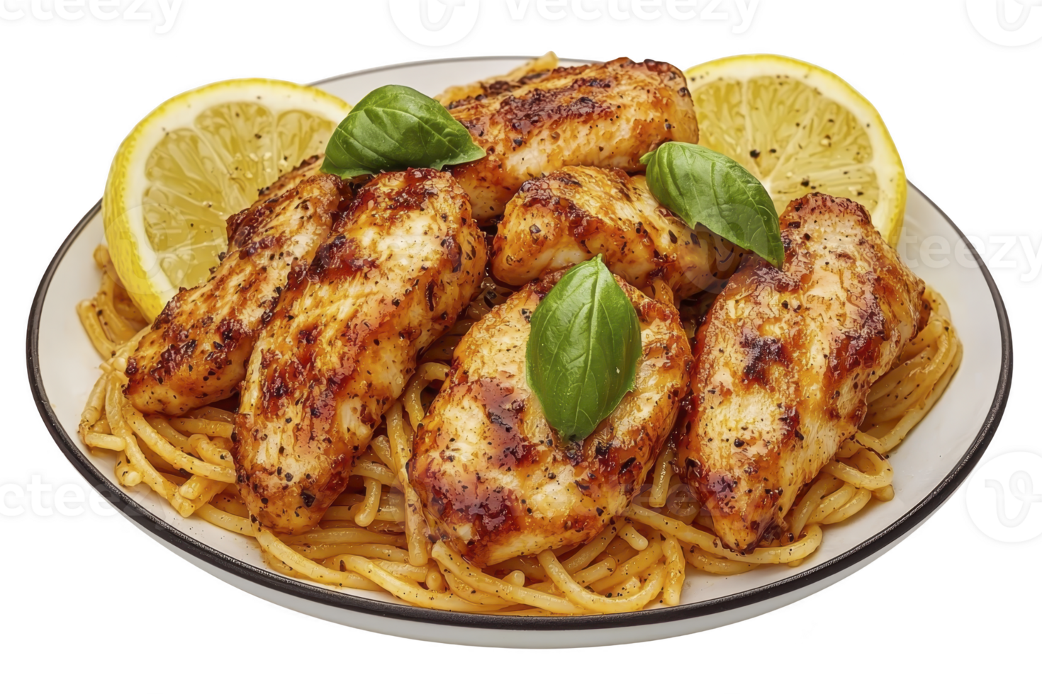 A Grilled chicken breast on bed of spaghetti garnished with fresh basil and lemon slices, creating vibrant and appetizing dish png