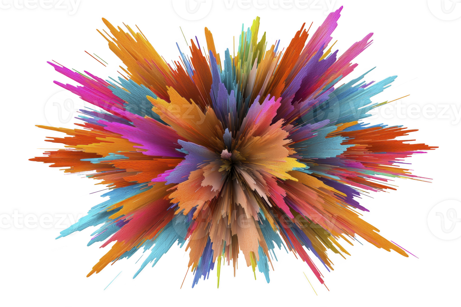 A vibrant explosion of colorful abstract spikes creates dynamic and energetic visual. burst of colors includes shades of orange, blue, pink, and yellow, forming captivating 3D effect png