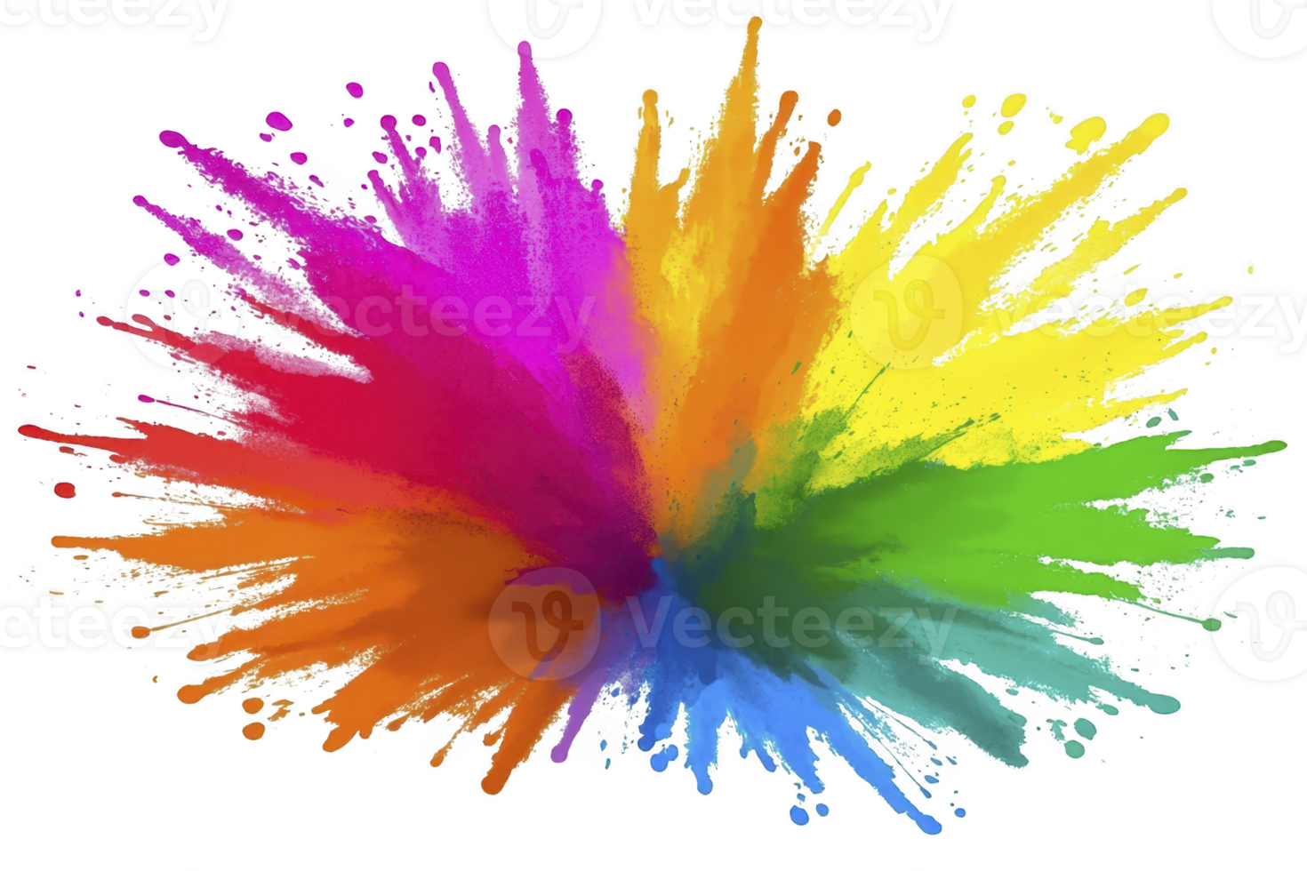 A vibrant explosion of colorful powder splashes outward, creating dynamic and energetic display of hues including red, pink, orange, yellow, green, and blue. image captures essence of celebration png