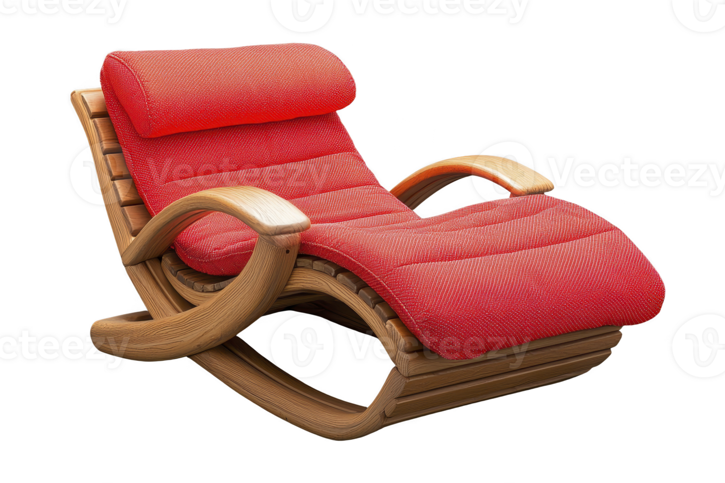 A modern, stylish red lounge chair with wooden frame and curved design, perfect for relaxation and comfort in contemporary living space png