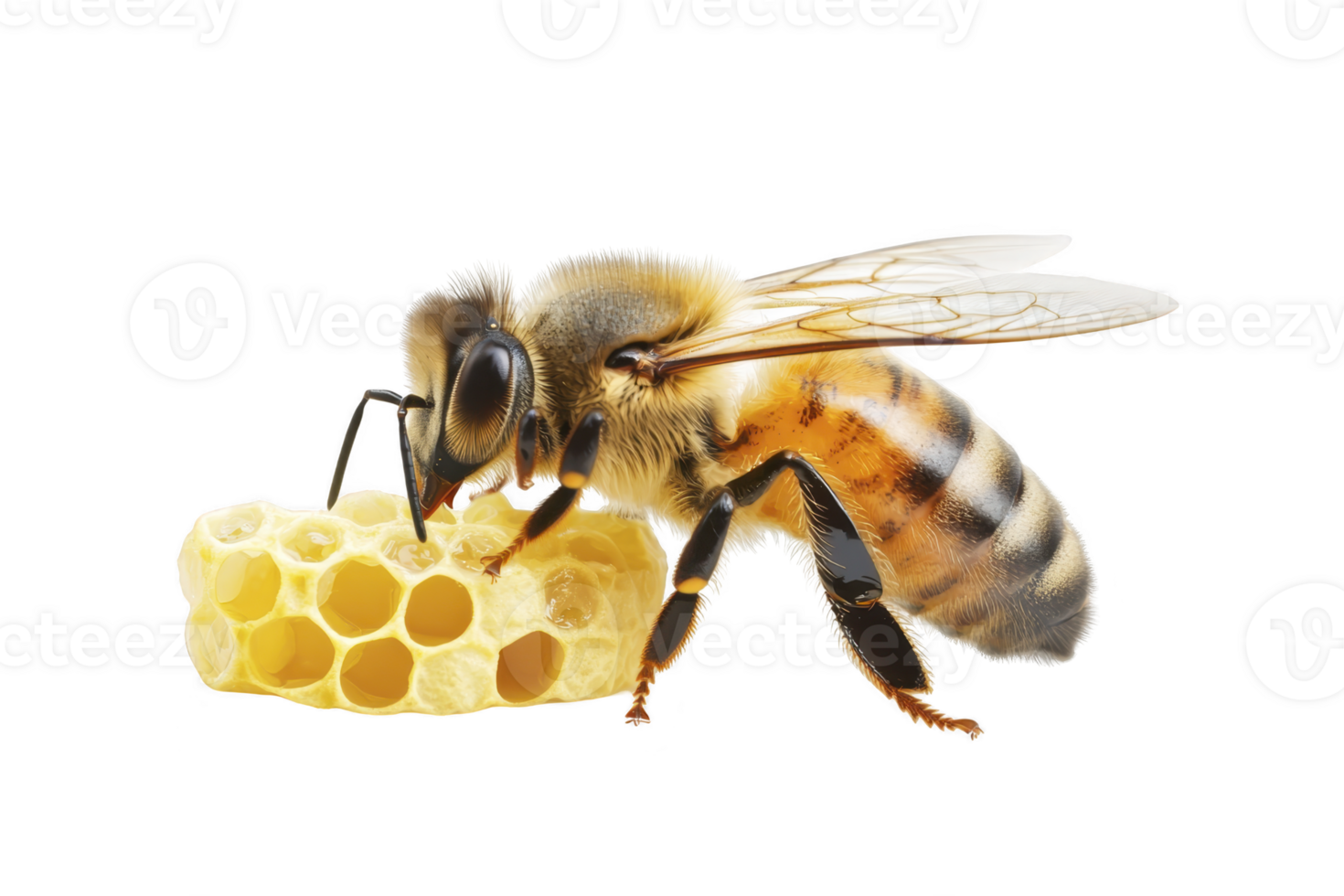 A honeybee is delicately perched on piece of honeycomb, showcasing its intricate wings and striped body. honeycomb hexagonal cells are filled with golden honey, highlighting bee role in nature png
