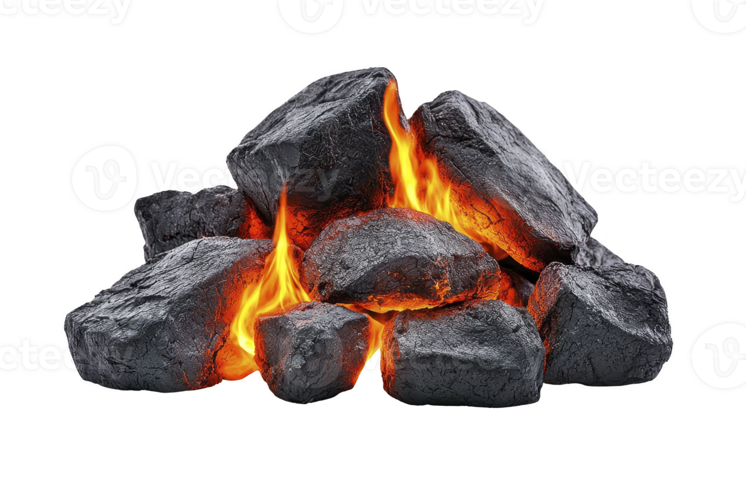 A pile of black coal rocks with bright orange flames burning intensely, creating warm and energetic atmosphere. fiery glow contrasts with dark, rugged texture of coal png
