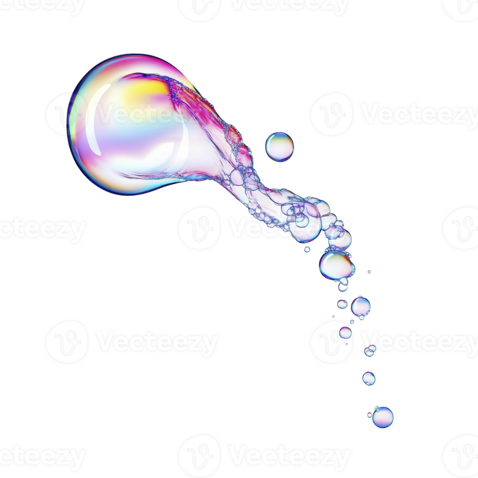 colorful, iridescent soap bubble floats against transparency background, displaying spectrum of colors and delicate reflections. Smaller bubbles trail behind, creating whimsical and dreamy effect png