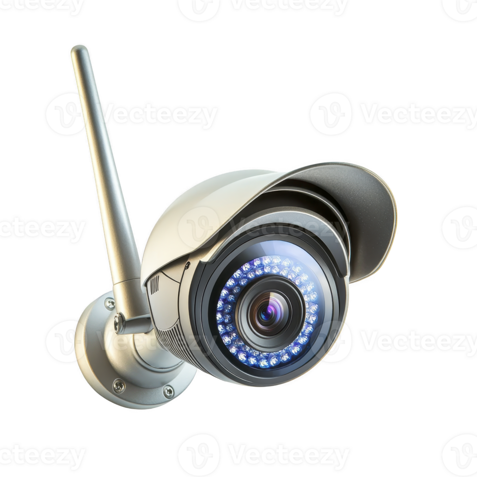 modern security camera with sleek design and visible infrared LEDs for night vision, mounted on wall bracket, providing enhanced surveillance capabilities png
