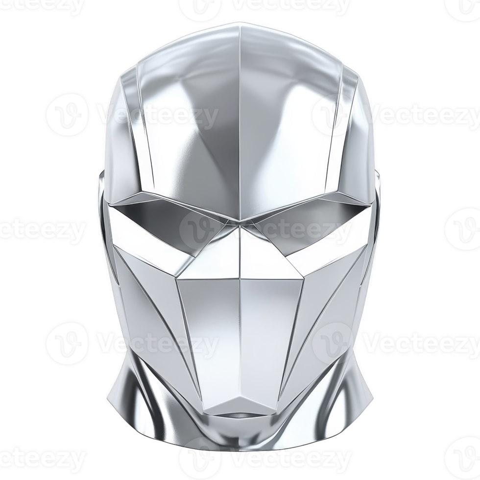 futuristic silver metallic mask with angular geometric design, reflecting light and creating sleek, robotic appearance. mask sharp lines and smooth surface convey sense of modern technology png
