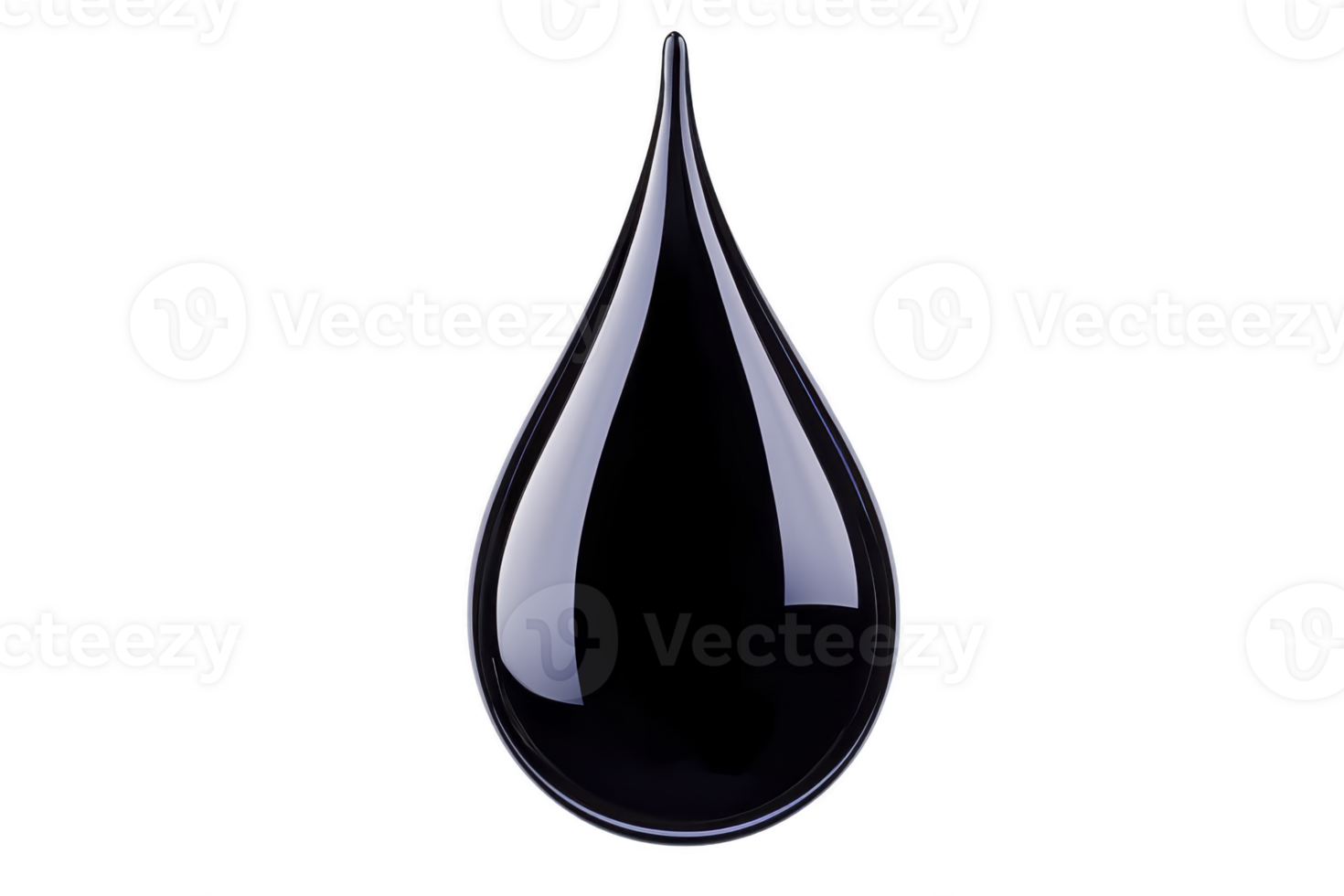 A shiny, reflective black droplet with smooth surface, resembling drop of oil or liquid. droplet is isolated on transparency background, highlighting its glossy texture and elegant shape png