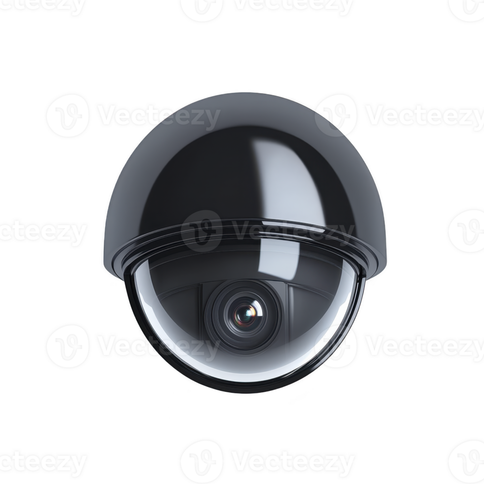 sleek black dome security camera with reflective surface, designed for surveillance and monitoring. camera lens is visible through transparent dome, providing modern and discreet appearance png