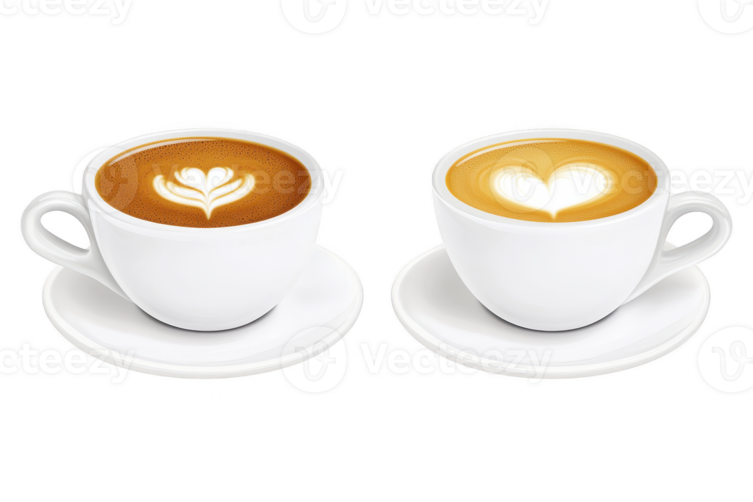 A Two white cups of coffee with latte art designs sit on saucers, showcasing intricate heart patterns. smooth, creamy texture of foam contrasts with rich, dark coffee beneath png