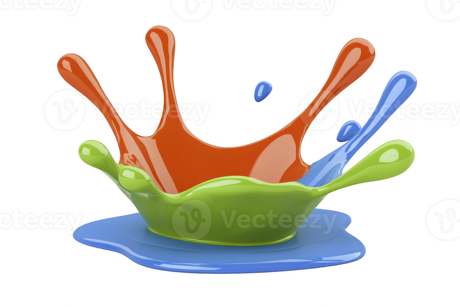 A vibrant splash of colorful paint, featuring dynamic splatters orange, blue, and green, creates energetic and artistic visual. paint forms crown like shape, symbolizing creativity and expression png
