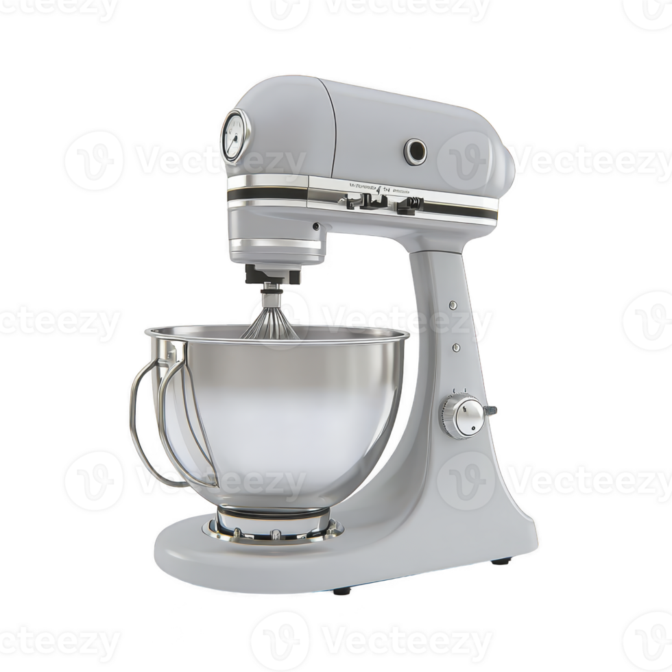 sleek silver stand mixer with stainless steel bowl, perfect for baking enthusiasts. mixer features modern design with adjustable settings and sturdy base png