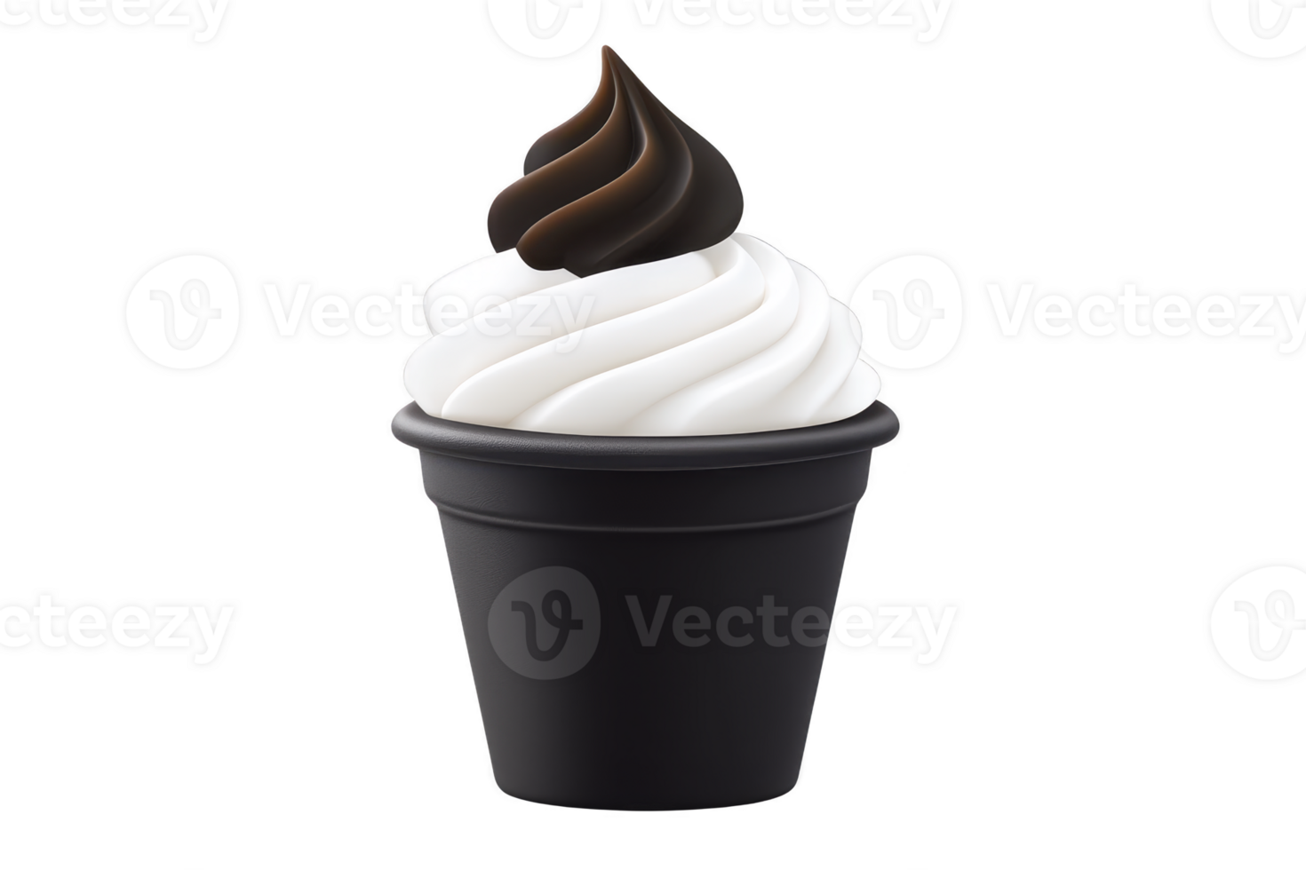 A swirl of creamy vanilla and rich chocolate soft serve ice cream sits in sleek black cup, creating delightful contrast. smooth texture and inviting appearance make it tempting treat png