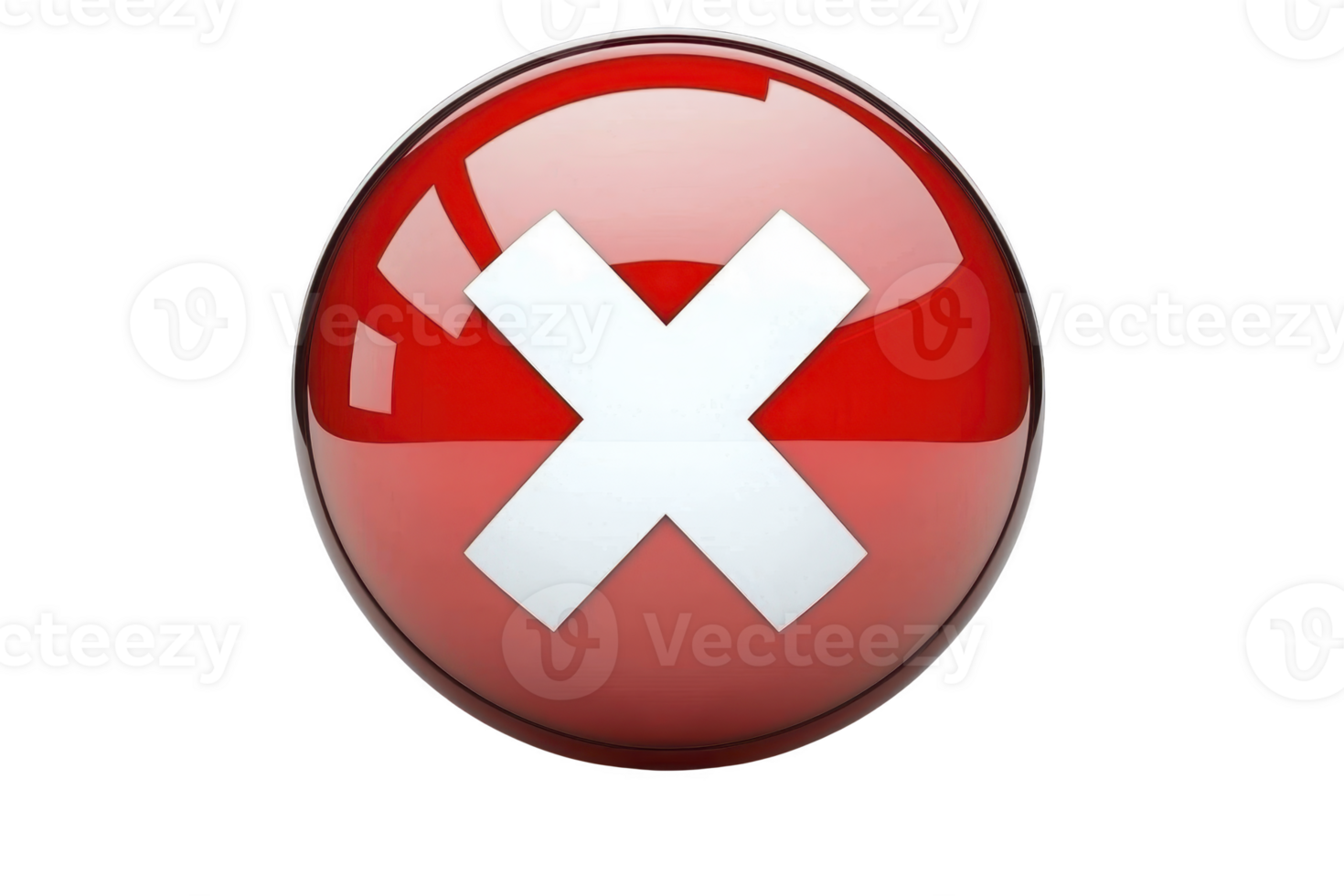 A shiny red sphere with bold white X symbol in center, representing concept of error or cancellation. glossy surface reflects light, adding three dimensional effect png