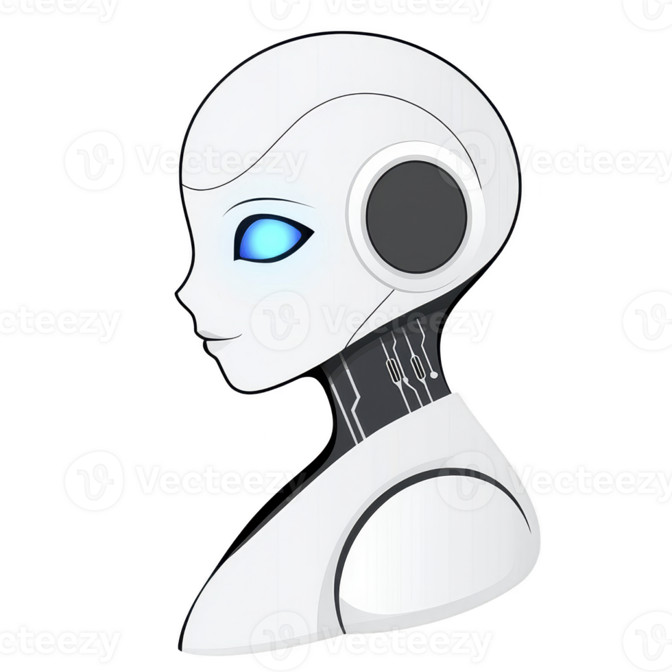 futuristic robot with sleek design and glowing blue eyes, showcasing advanced technology and friendly expression. robot smooth white surface and visible circuits highlight its modernity png