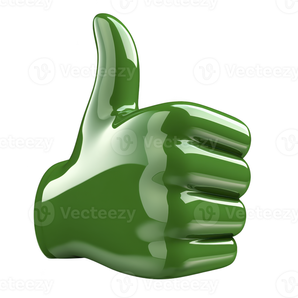 shiny green thumbs up symbol, representing approval or positivity, is depicted against plain background. glossy finish adds modern and vibrant touch to image png