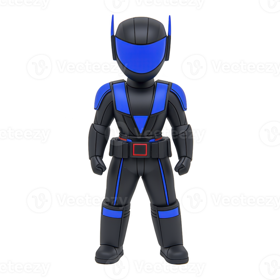 futuristic character in black and blue armored suit stands confidently, featuring helmet with blue visor and intricate design details. suit exudes sense of strength and technology png