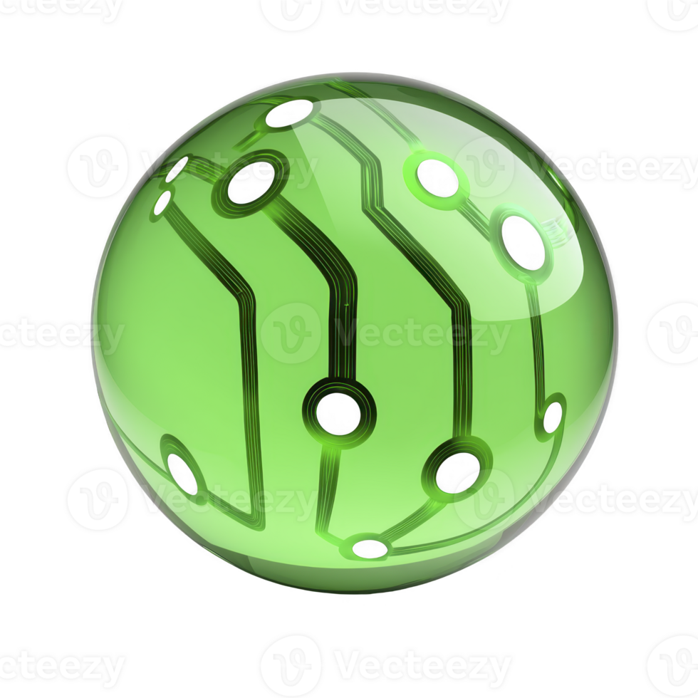 green sphere with circuit like patterns and black circular elements, resembling futuristic technology or digital design, is depicted. glossy surface reflects light, enhancing its modern appearance png
