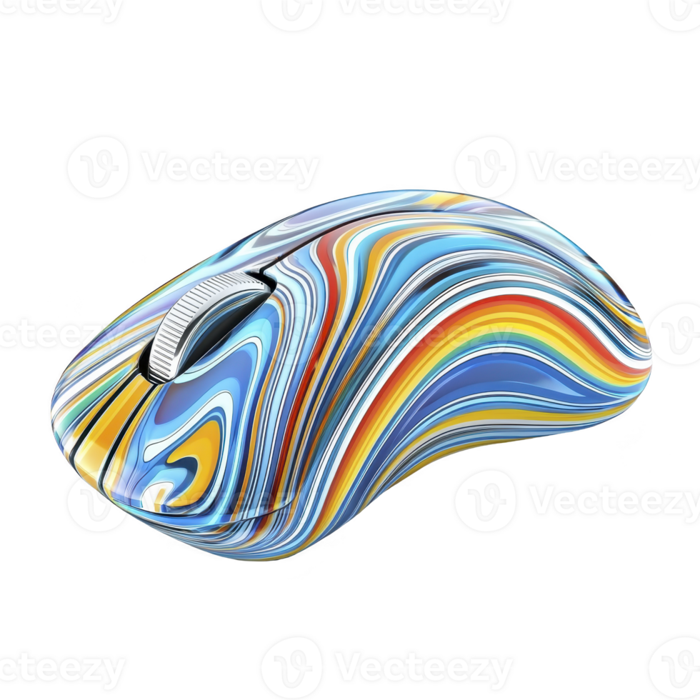 colorful computer mouse with vibrant swirl pattern featuring blue, yellow, red, and white stripes, creating dynamic and modern design png