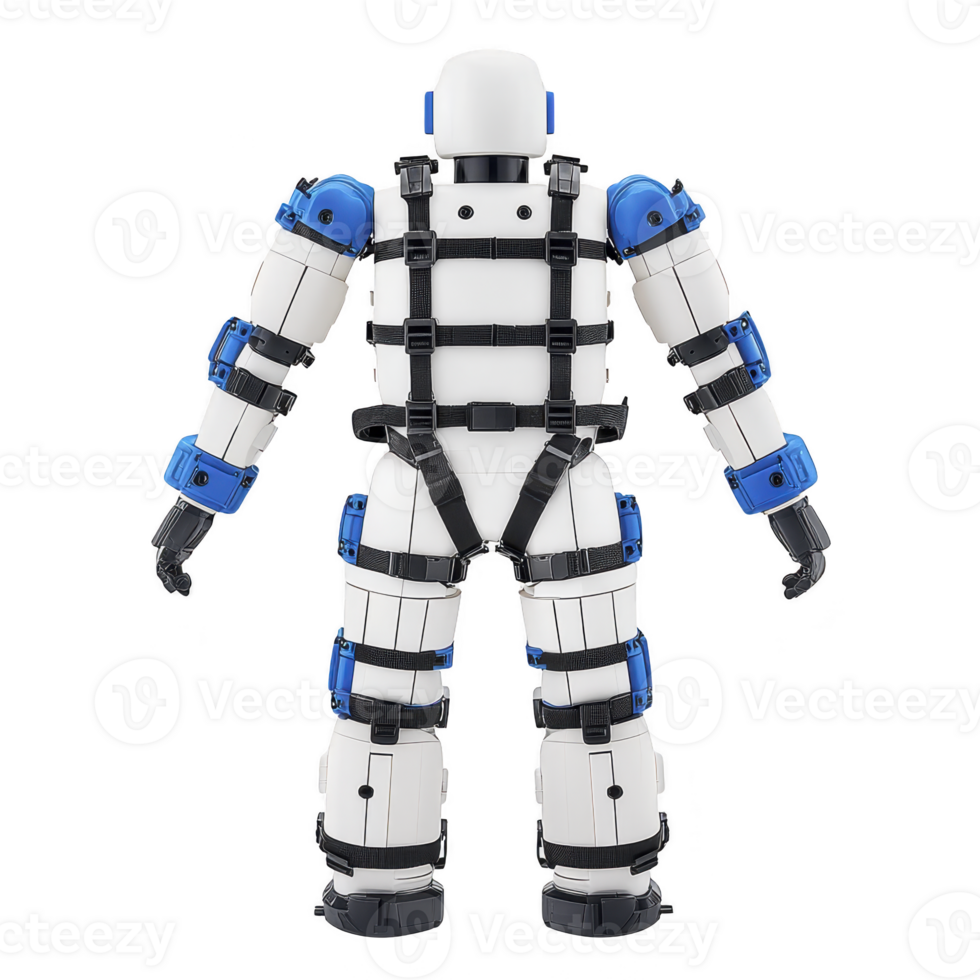 futuristic exoskeleton suit with blue and white components designed for enhanced mobility and strength. suit features multiple joints and straps for secure fitting, ideal for various applications png