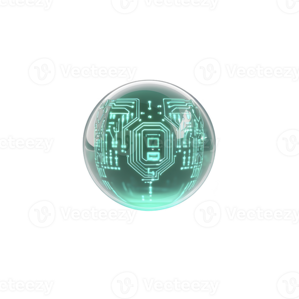 glowing sphere with intricate circuit patterns symbolizes futuristic technology and digital innovation. transparent orb reflects light, creating sense of mystery and advanced design png