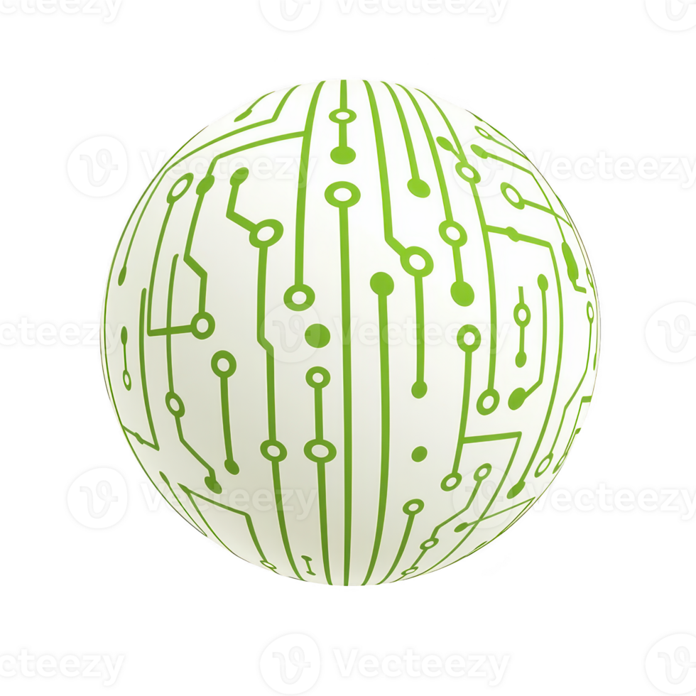white sphere with green circuit patterns symbolizes technology and innovation, evoking futuristic and digital theme. design suggests connectivity and modernity png