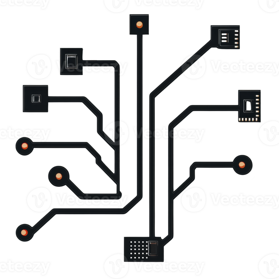 digital circuit board design with interconnected pathways and nodes, representing technology and connectivity. layout is abstract, with lines and dots symbolizing electronic components and data png