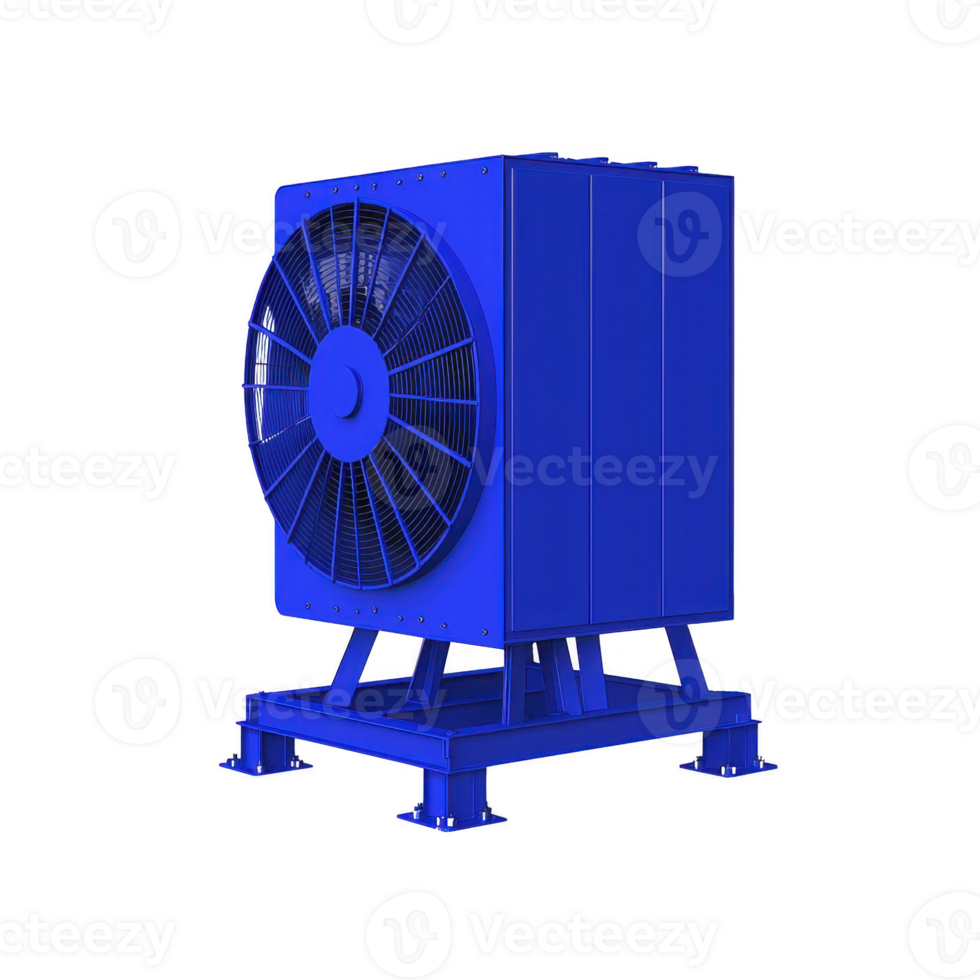 large blue industrial fan with sturdy metal frame and protective grille, designed for heavy duty ventilation in commercial or industrial settings. fan is elevated on robust base png