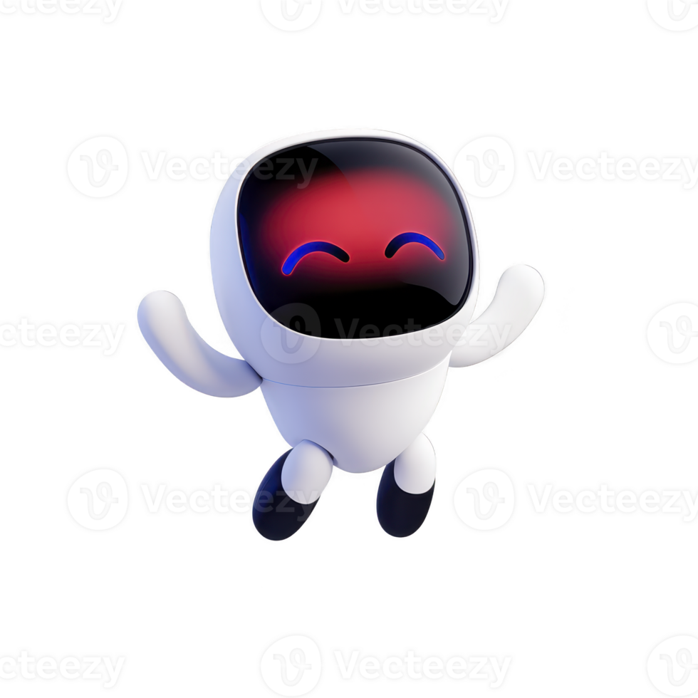 cute, smiling robot with glossy black face and red glowing eyes is joyfully jumping. robot has white body with rounded limbs, giving it friendly and playful appearance png