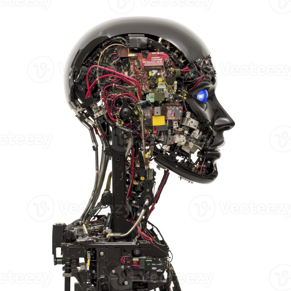 futuristic robotic head with exposed circuits and wires showcases advanced technology and innovation. intricate design highlights complexity and potential of artificial intelligence png