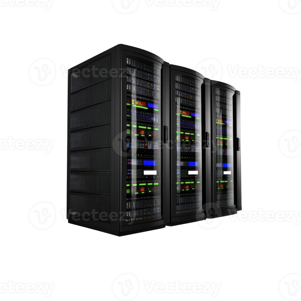 Three sleek, modern server racks with illuminated panels stand in row, showcasing advanced technology and data processing capabilities. servers are designed for efficient data management png