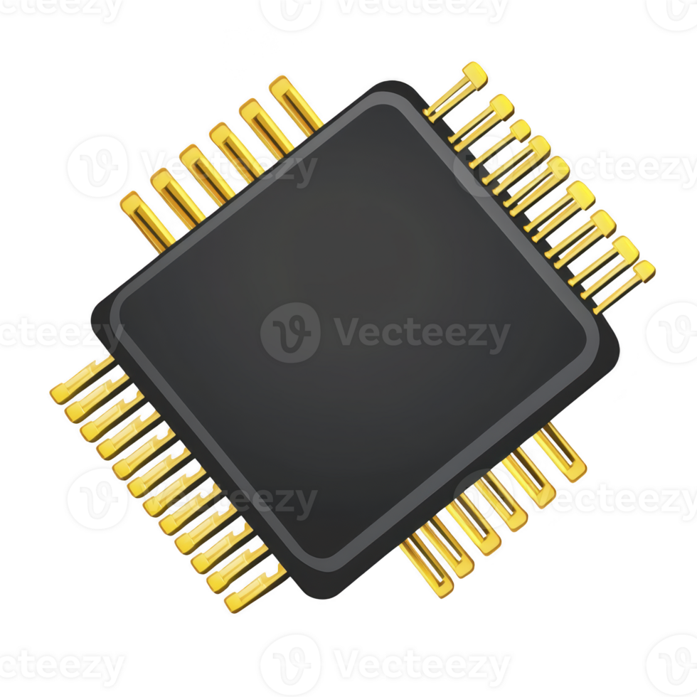 close up illustration of microchip with gold connectors, showcasing its intricate design and technology. black and gold color scheme highlights electronic component sophistication png