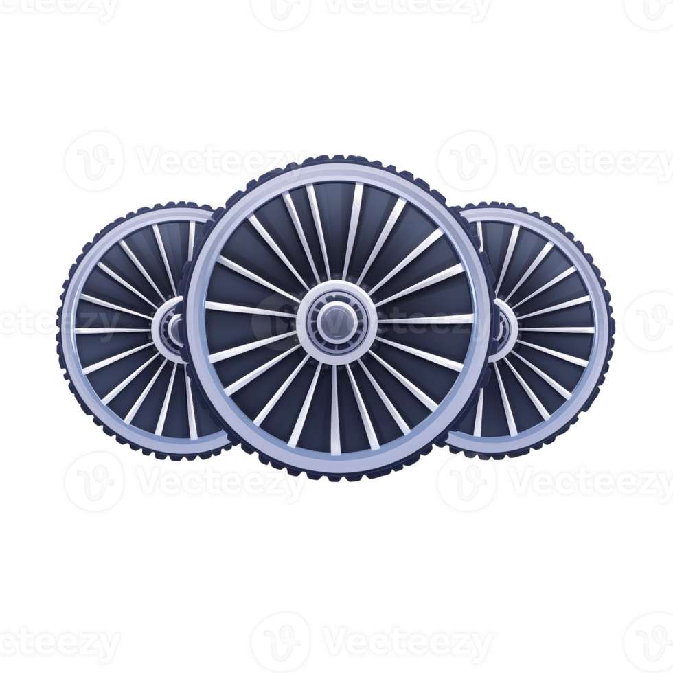 Three metallic bicycle wheels with intricate spokes are arranged row, showcasing sleek and modern design. wheels are depicted with shiny, reflective surface, emphasizing their precision png