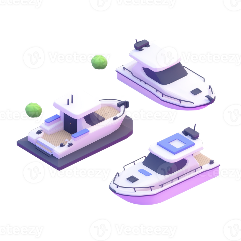 Three isometric illustrations of modern yachts and boats with sleek designs, featuring white and blue color schemes, are displayed transparency background. scene includes small green bushes png