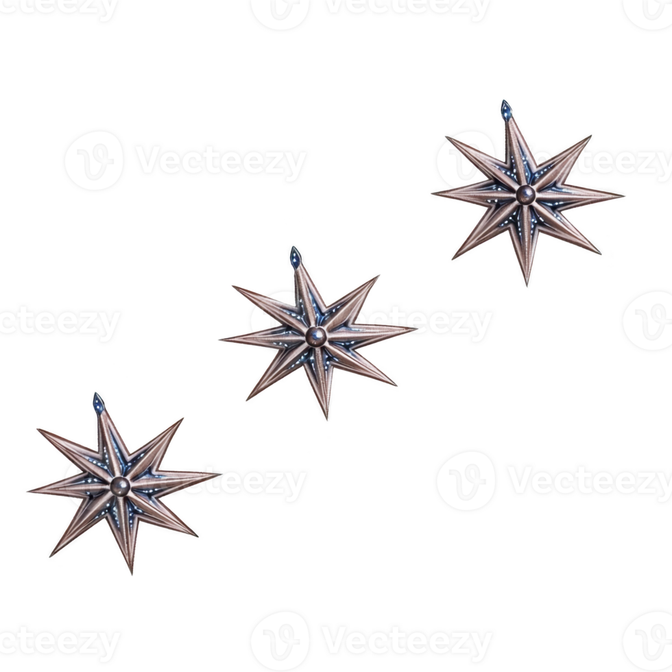 Three metallic star shaped ornaments with intricate designs are arranged diagonally against plain background, showcasing festive and decorative style png