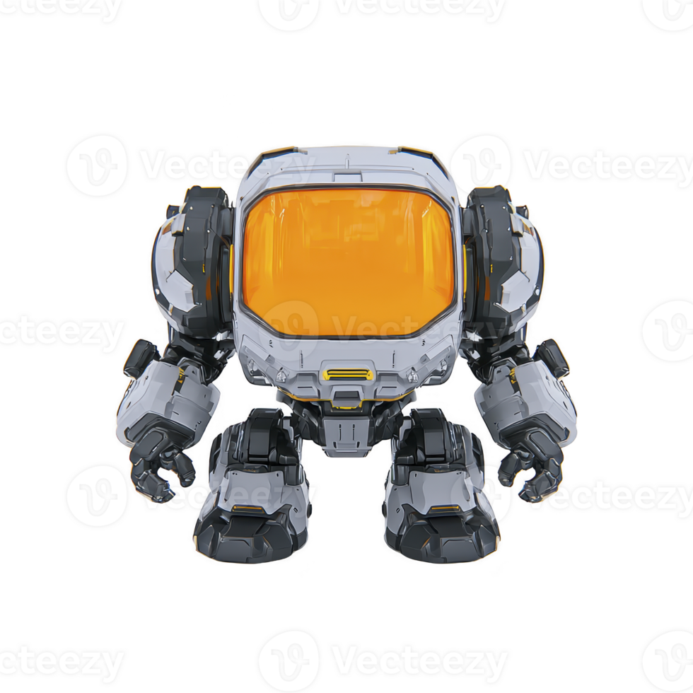 futuristic robot with large orange visor stands against transparency background, showcasing sleek and modern design. robot robust build and intricate details highlight advanced technology png