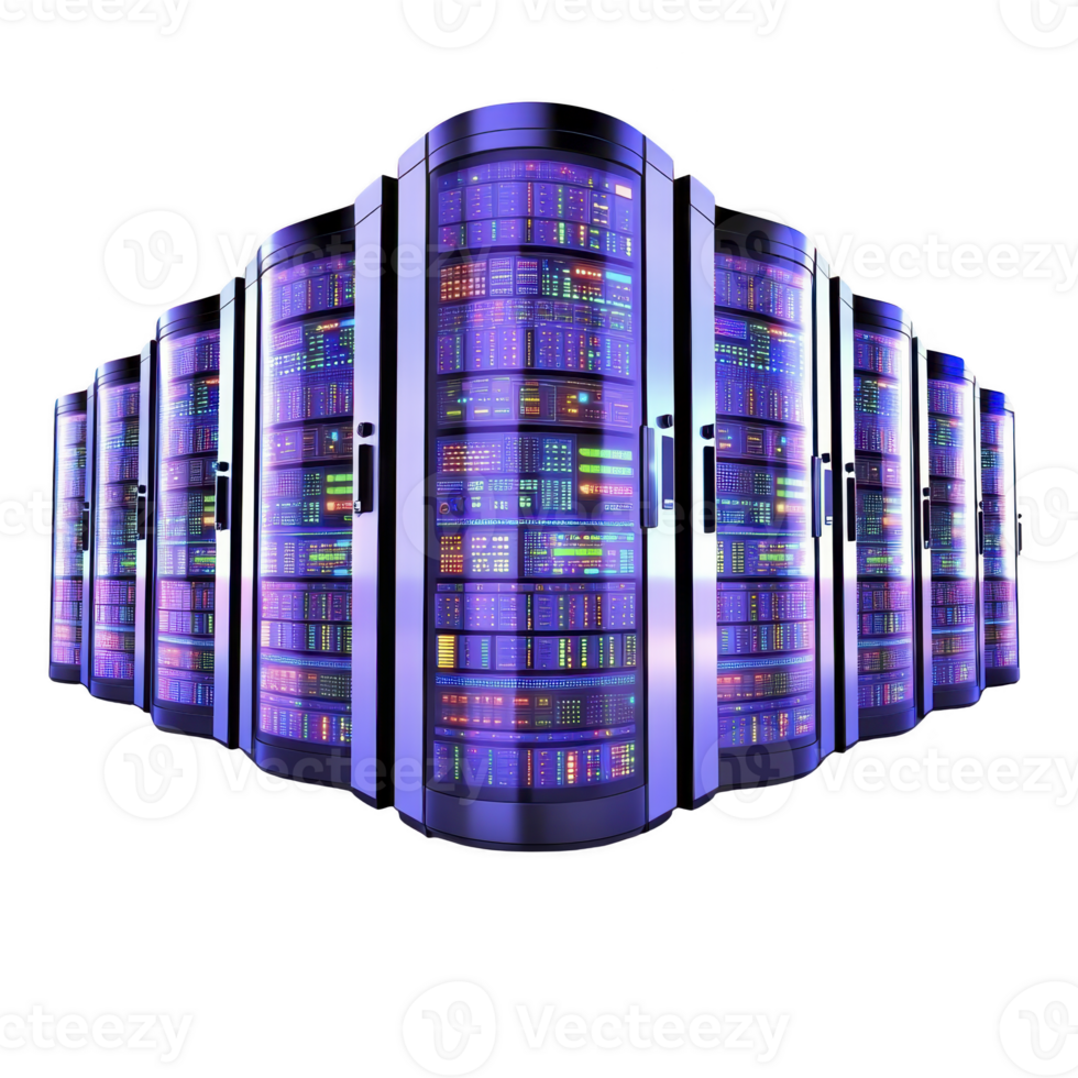 row of futuristic, illuminated server racks with vibrant colors and digital displays, showcasing advanced technology and data processing capabilities. scene conveys innovation and efficiency png