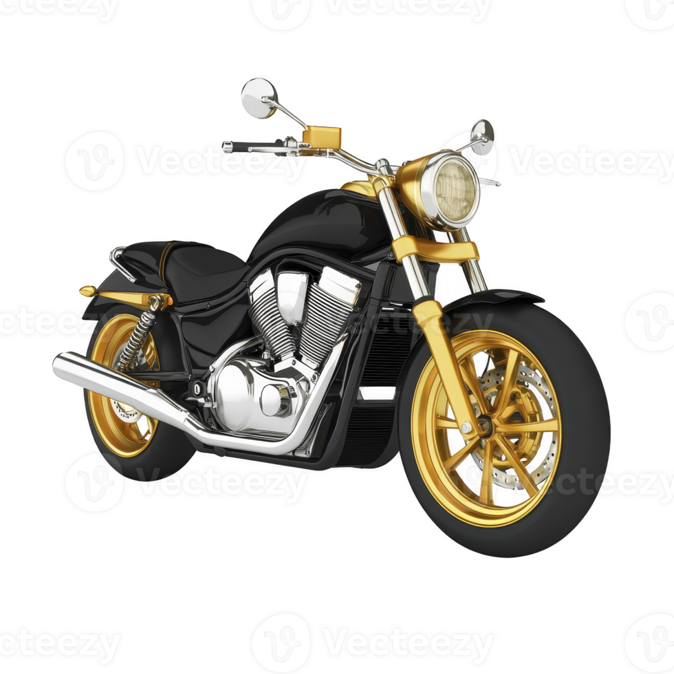 sleek black and gold motorcycle with chrome accents, featuring powerful engine and classic design. bike shiny finish and modern style evoke sense of adventure and freedom png