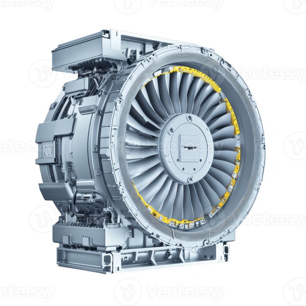 detailed 3D rendering of modern jet engine, showcasing intricate turbine blades and mechanical components, highlighting advanced engineering and aerodynamics png