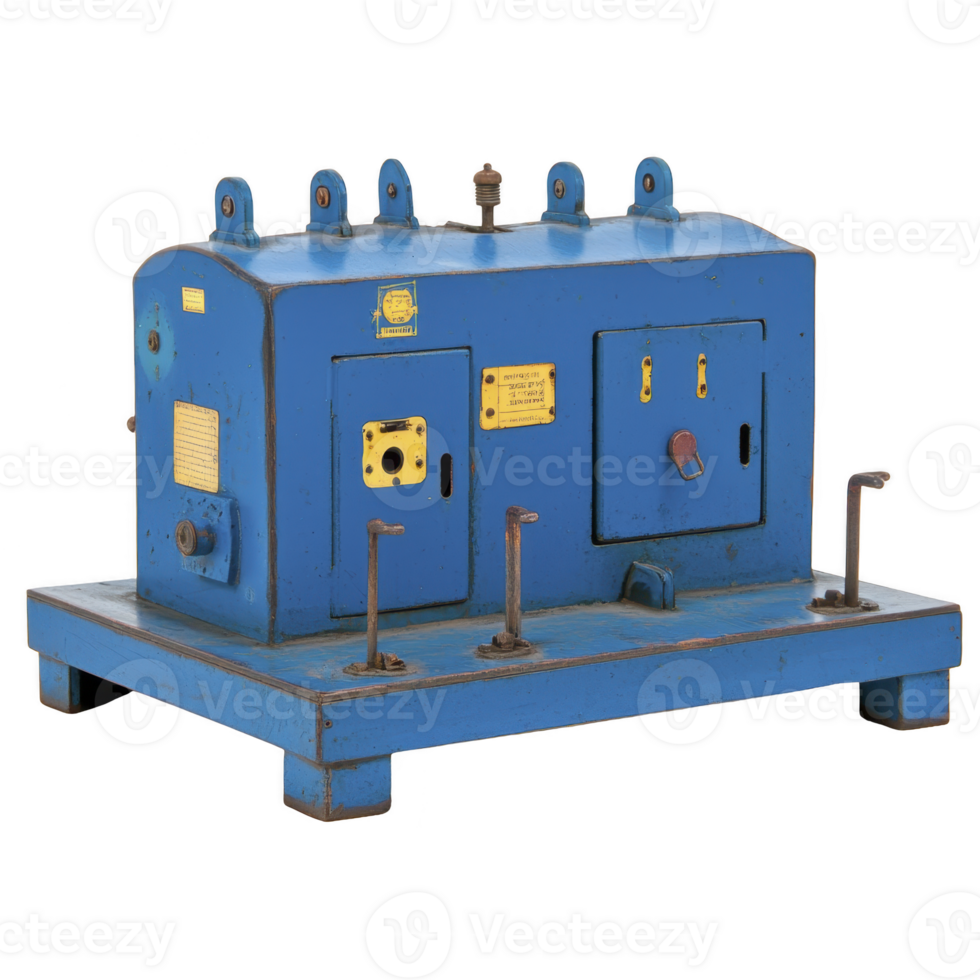 vintage blue industrial machine with sturdy metal base, featuring various knobs, switches, and labels. machine weathered appearance suggests extensive use, adding to its historical charm png