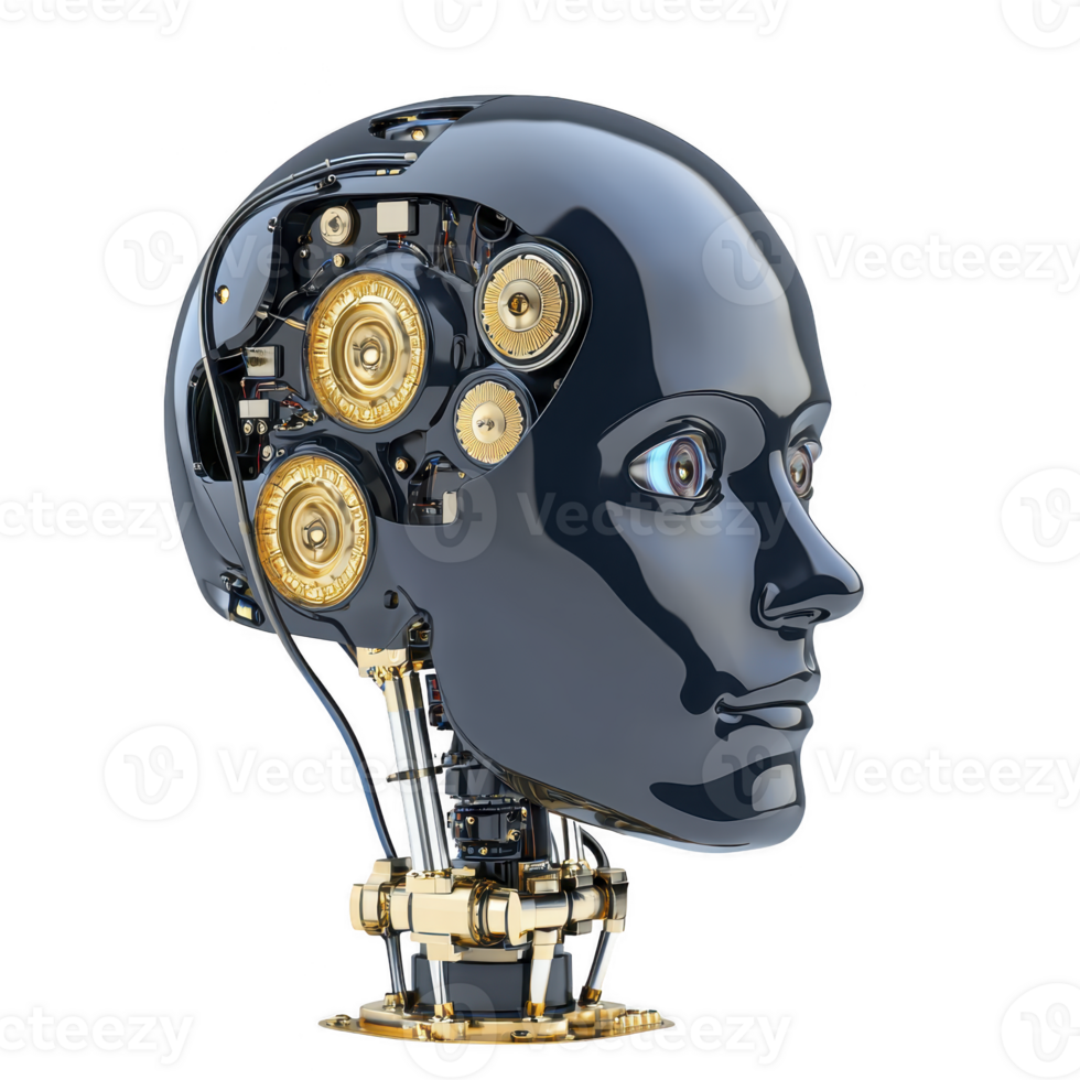 futuristic robotic head with visible gears and circuits, showcasing advanced technology and innovation. metallic surface reflects sleek, modern design, symbolizing artificial intelligence png