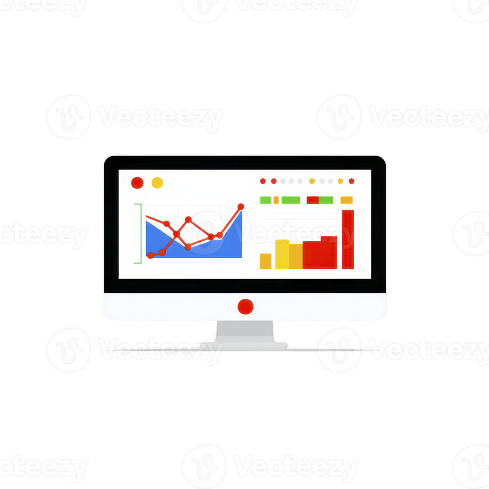computer monitor displaying colorful graphs and charts, including line and bar graphs, represents data analysis and business analytics. screen shows mix of red, blue, and yellow elements png